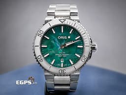 ORIS豪利時 Oris Aquis Date x Bracenet特別版 0173377304137 <font color="#058703">獨一無二的綠色萬花筒紋理 每支紋路皆不同 海洋保護聯名款 原廠膠膜全新未拆封</font>&nbsp;不鏽鋼材質 <font color="#ff0000">2025年保單</font> 潛水錶 自動上鍊 43.5mm