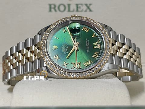 ROLEX 勞力士 DATEJUST 蠔式日誌型 DJ36 126283RBR 不鏽鋼&amp;18K黃金材質 綠色太陽紋面盤 原廠鑲嵌鑽石錶圈 原廠鑲嵌鑽石VI、IX羅馬時標 2025年保卡 自動上鍊 36mm