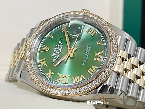 ROLEX 勞力士 DATEJUST 蠔式日誌型 DJ36 126283RBR 不鏽鋼&amp;18K黃金材質 綠色太陽紋面盤 原廠鑲嵌鑽石錶圈 原廠鑲嵌鑽石VI、IX羅馬時標 2025年保卡 自動上鍊 36mm