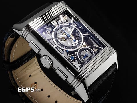 Jaeger Le-Coultre 積家 JLC Reverso Classic 翻轉系列 Q389848J 不鏽鋼材質&nbsp;簡約大方的藍色太陽放射狀扭索飾紋錶盤&amp;逆跳計時機械結構鏤空錶盤 兩種風格隨意翻轉切換&nbsp;2024年保卡 僅試戴收藏極新品 手動上鏈 49.4 x 29.9mm