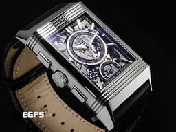 Jaeger Le-Coultre 積家 JLC Reverso Classic 翻轉系列 Q389848J 不鏽鋼材質&nbsp;<font color="#05f0f0">簡約大方的藍色太陽放射狀扭索飾紋錶盤&amp;逆跳計時機械結構鏤空錶盤 兩種風格隨意翻轉切換</font>&nbsp;<font color="#ff0000">2024年保卡 僅試戴收藏極新品</font> 手動上鏈 49.4 x 29.9mm