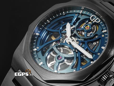 Girard-Perregaux 芝柏 GP錶 Laureato Skeleton 桂冠系列 81015-32-432-32A&nbsp;黑色陶瓷材質 藍色鏤空面盤&nbsp;2021年保卡&nbsp;自動上鍊 42mm