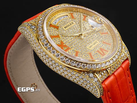 ROLEX 勞力士 Day-Date 36 蠔式 星期日曆型 128159RBR&nbsp;18K黃金材質 128159&nbsp;原廠鑲嵌滿天星鑽石面盤、錶圈、錶殼、錶扣 橘色琺瑯羅馬數字時標&nbsp;DD36 經典 官網型錄查不到的隱藏版&nbsp;2025年保卡  自動上鏈 36mm
