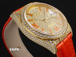 ROLEX 勞力士 Day-Date 36 蠔式 星期日曆型 128159RBR<font color="#ff00ff">&nbsp;</font>18K黃金材質 128159<font color="#ff00ff">&nbsp;</font><font color="#fb7228">原廠鑲嵌滿天星鑽石面盤、錶圈、錶殼、錶扣 橘色琺瑯羅馬數字時標</font>&nbsp;DD36 經典 <font color="#ff0000">官網型錄查不到的隱藏版&nbsp;</font><font color="#FF0000">2025年保卡 </font> 自動上鏈 36mm