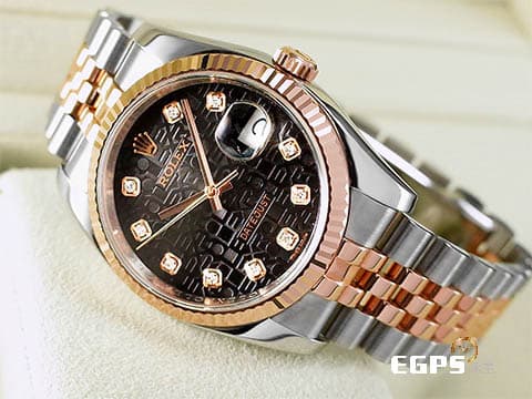 ROLEX 勞力士 Datejust 116231 經典 蠔式日誌型 玫瑰金 半金款 黑色紀念浮雕面盤 原廠鑲鑽時標 電腦面 亂碼字頭 自動上鍊 36mm