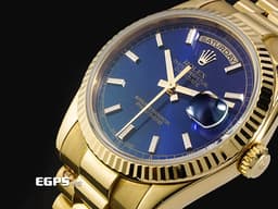 ROLEX 勞力士 Day-Date 36 蠔式 星期日曆型 118238 18K黃金材質 DD36 經典三角坑紋錶圈 <font color="#0582f5">藍色面盤&nbsp;</font><font color="#ff0000">元首型（President）錶帶 總統帶</font> 自動上鍊 36mm