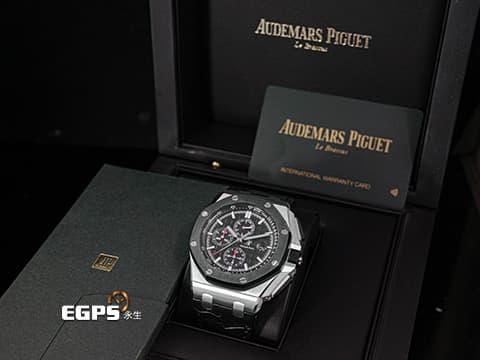 Audemars Piguet 愛彼 AP錶 Royal Oak Offshore 皇家橡樹 離岸型 PT950 鉑金材質錶殼 26411PO.OO.A002CR.01 黑色陶瓷框 經典黑色大型格紋面盤搭配藍色計時圈 計時碼表 26411 PO 限量20只 2018年保卡 自動上鍊 44mm
