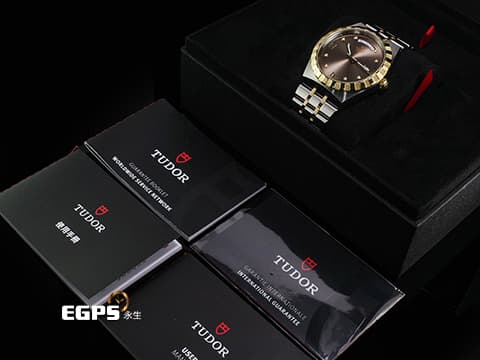 TUDOR 帝舵 Royal Day-Date 皇家系列 28603-0008 18K黃金材質 半金款&nbsp;&nbsp;巧克力棕色面盤 原廠鑲嵌鑽石時標 星期、日期顯示窗&nbsp;2026年保卡&nbsp;自動上鍊 41mm