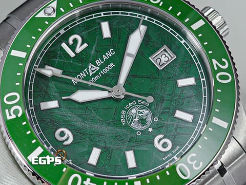 MONTBLANC 萬寶龍 1858 Iced Sea 系列 MB129373 綠色冰河紋面盤 陶瓷外圈 綠水鬼&nbsp;不鏽鋼 大三針 2026年保單&nbsp;潛水錶 自動上鍊 41mm