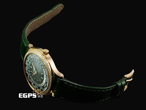 Patek philippe 百達翡麗 PP錶 Complications 複雜功能時計 World Time 世界時區 7130R-014 18K玫瑰金材質&nbsp;&nbsp;原廠鑲嵌89顆鑽石（1.09 克拉）錶圈、錶扣&nbsp;綠色手工雕紋面盤 2023年保單 新錶訂價：2,162,000元 自動上鍊 36mm