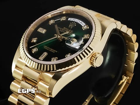 ROLEX 勞力士 蠔式 Day-Date 36 DD 128238 18K黃金材質  原鑲鑽石時標  漸變綠色面盤  2020年新式保卡 自動上鍊 36mm
