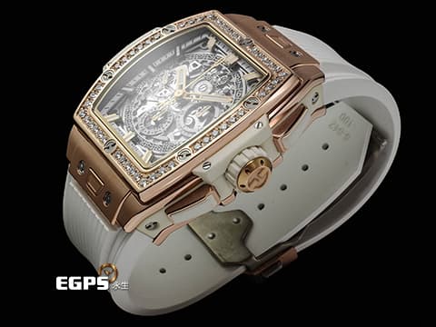 HUBLOT 宇舶 Spirit of Big Bang 大爆炸 靈魂系列 King Gold Blue 王金材質 642.OE.2010.RW 計時碼錶 酒桶型 鏤空面盤 原廠鑲嵌鑽石錶圈 2023年電子式保單 自動上鍊 42mm
