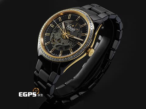 RADO 雷達 Hyperchrome 皓星系列 R32029152 黑色陶瓷材質&nbsp;原廠鑲嵌鑽石錶圈 鏤空面盤 2024年保單 自動上鍊 47.8 x 42mm