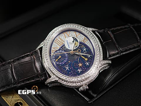 Audemars Piguet 愛彼 AP錶 Millenary Ladies Starlit Sky&nbsp;千禧星空「黑夜」特別版 藍色砂金石搭配珍珠貝母面盤&nbsp;77316BC.ZZ.D007SU.01&nbsp;原廠鑲嵌頂級天然鑽石面盤、錶圈、錶耳、錶背、錶扣&nbsp;77316 BC 月相盈虧 動能顯示&nbsp;新錶參考訂價：2,711,000元&nbsp;自動上鏈 35.4 x 39.5mm