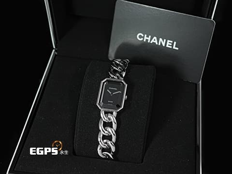 CHANEL 香奈兒 Premiere Gomette Chain 系列 H7018 大型款 黑面 不鏽鋼材質 鑲嵌凸圓形切割縞瑪瑙錶冠 2025年台灣公司貨 石英機芯 26.1x20mm