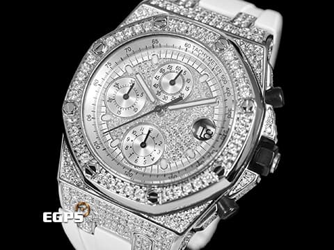 Audemars Piuget 愛彼 AP錶 Royal Oak Offshore &nbsp;皇家橡樹離岸型 不鏽鋼材質    精鑲鑽石滿天星面盤、鑲鑽錶圈、鑲鑽錶殼 &nbsp;自動上鍊 計時碼表 42mm