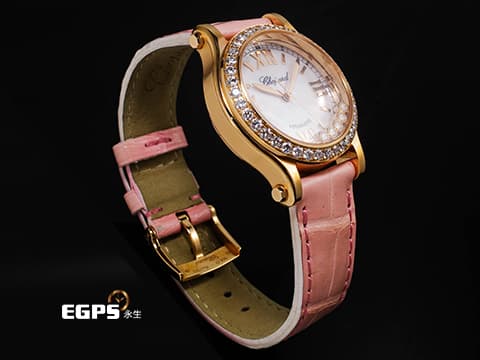 Chopard 蕭邦錶 Happy Sport 快樂鑽系列 HAPPY DIAMONDS 274893-5010 18K玫瑰金材質 5顆跑鑽&nbsp;經典 原廠鑲嵌鑽石錶圈 珍珠貝母面盤 2026年保單 新錶訂價：930,000元&nbsp;自動上鍊 30mm