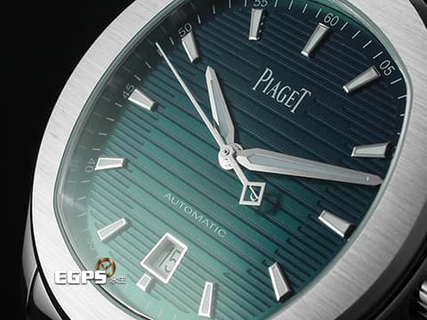 PIAGET 伯爵 Polo Date系列 G0A49022 經典 枕型 不鏽鋼材質&nbsp;綠色橫條紋雕紋面盤 2025年保卡&nbsp;自動上鍊 42mm