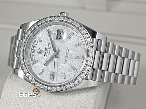 ROLEX 勞力士 DayDate 40 蠔式 星期日曆型 228349RBR Met Meteorite 隕石面盤 梯鑽時標&nbsp;原廠鑽圈 228349RBR 經典 DD40 18K白金材質&nbsp;2026年保單 元首型（President）錶帶 總統帶&nbsp;自動上鍊&nbsp;40mm