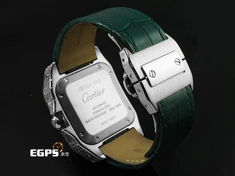 CARTIER 卡地亞 Santos 100 山度士 中型 精鑲滿天星鑽石面盤、鑲鑽錶圈&nbsp;綠色客製化皮革錶帶 自動上鍊 36mm