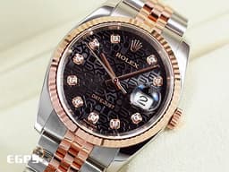ROLEX 勞力士 Datejust 116231 經典 蠔式日誌型 <font color=#f3baa1>玫瑰金 半金款</font> 黑色紀念浮雕面盤 原廠鑲鑽時標 電腦面 <font color=#FF0000>亂碼字頭</font> 自動上鍊 36mm