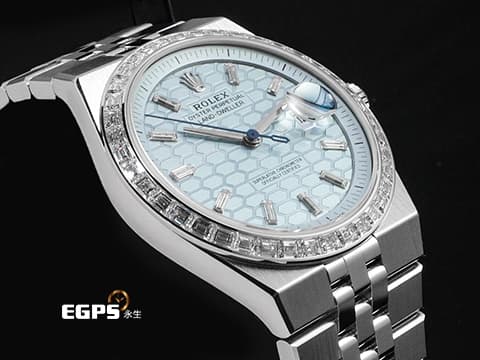 ROLEX 勞力士 Land-Dweller 127386 PT950 鉑金材質&nbsp;最新系列 陸行者 勞力士數一數二的透背錶款 醇冰藍色蜂巢圖案錶面 原廠鑲嵌鑽石錶圈、梯形鑽石時標&nbsp;2026年保卡 纖薄紀念型（Flat Jubilee）錶帶&nbsp;自動上鍊 40mm