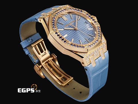 Audemars Piguet 愛彼 AP錶 Royal Oak 皇家橡樹 15551OR.ZS.D344CR.01 原廠鑲滿漸層藍色藍寶石錶圈 水藍色Grande Tapisserie格紋錶盤 原廠鑲嵌鑽石錶殼&nbsp;2025年保卡&nbsp;自動上鍊 37mm