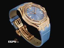 Audemars Piguet 愛彼 AP錶 Royal Oak 皇家橡樹 15551OR.ZS.D344CR.01 <font color="#8bddf9">原廠鑲滿漸層藍色藍寶石錶圈 水藍色Grande Tapisserie格紋錶盤 原廠鑲嵌鑽石錶殼</font>&nbsp;<font color="#ff0000">2025年保卡</font>&nbsp;自動上鍊 37mm