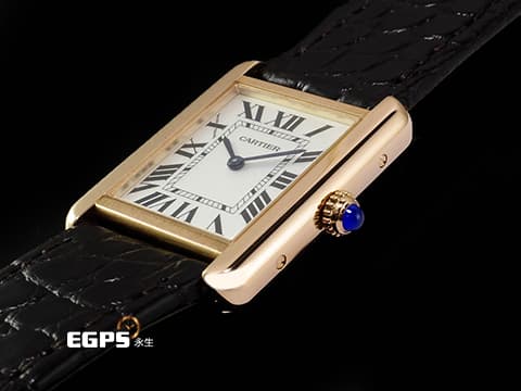 CARTIER 卡地亞 經典 坦克 TANK MUST 小型款 18K玫瑰金材質&nbsp;圓珠形錶冠鑲嵌1顆凸圓形藍色合成尖晶石 石英機芯 27 x 22mm