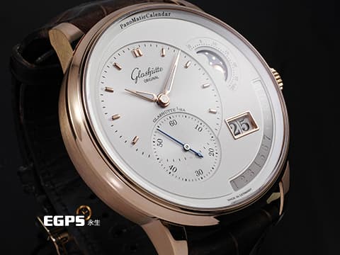 Glashutte Original 格拉蘇蒂 Pano Matic Lunar 偏心系列 1-92-09-02-05-62 18K玫瑰金材質 年曆錶 月相盈虧 大日期窗 逆跳月份顯示 100小時動力儲存   德國腕錶工藝 招牌雙鵝頸 3/4夾板 偏心面盤   2023年保卡 台灣公司貨 自動上鍊 42mm