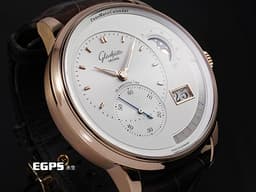 Glashutte Original 格拉蘇蒂 Pano Matic Lunar 偏心系列 1-92-09-02-05-62 18K玫瑰金材質 <font color="#0080FF">年曆錶 月相盈虧 大日期窗 逆跳月份顯示 100小時動力儲存 </font>  <font color="#70cce1">德國腕錶工藝 招牌雙鵝頸 3/4夾板 偏心面盤 </font> <font color="#ff0000"> 2023年保卡 台灣公司貨</font> 自動上鍊 42mm