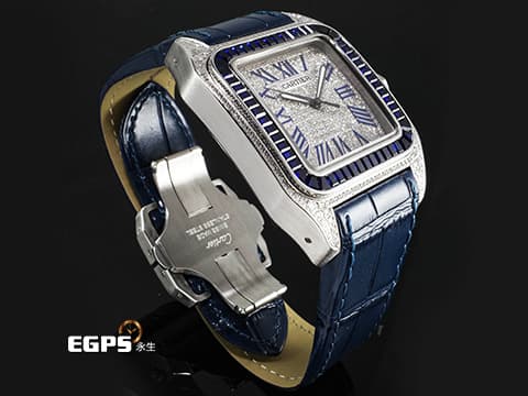 CARTIER 卡地亞 Santos 100 山度士 大型 經典 不鏽鋼材質   精鑲藍色寶石錶圈 精鑲真鑽漫天星面盤、錶殼&nbsp;自動上鍊 41mm