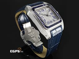CARTIER 卡地亞 Santos 100 山度士 大型 經典 不鏽鋼材質  <font color="#0582f5"> 精鑲藍色寶石錶圈</font><font color="#FF0000"> </font><font color="#05f0f0">精鑲真鑽漫天星面盤、錶殼</font>&nbsp;自動上鍊 41mm