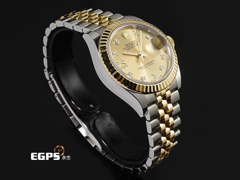 ROLEX 勞力士 Lady Date-Just 279173 DJ28 不鏽鋼&amp;18K黃金半金材質  香檳金色面盤 原廠星形鑽石時標 鑲8顆鑽石的18K金羅馬數字IX 2025年保卡 自動上鍊 28mm