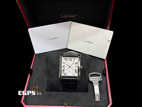 CARTIER 卡地亞 Tank MC Large 坦克 W5330003 大型款 經典 銀白色雕紋面盤 藍鋼指針 鑲嵌藍色尖晶石錶冠 不鏽鋼 小秒針&nbsp;自動上鍊 43.9 x 34.3mm