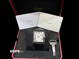 CARTIER 卡地亞 Tank MC Large 坦克 W5330003 大型款 經典 銀白色雕紋面盤 <font color="#193abe">藍鋼指針 鑲嵌藍色尖晶石錶冠</font> 不鏽鋼 小秒針&nbsp;自動上鍊 43.9 x 34.3mm