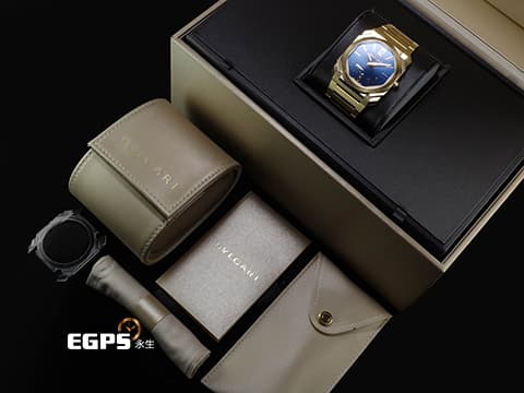 BVLGARI 寶格麗 Bulgari Octo Finissimo 103812 18K黃金材質 超薄錶殼（厚 6.40 公釐） 太陽紋藍色漆面錶盤 2026年保卡 新錶訂價：1,537,000元 整支重約4.5兩&nbsp;自動上鍊 40mm