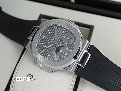 Patek Philippe 百達翡麗 PP錶 Nautilus Moonphase 金鷹 鸚鵡螺 5712G 小秒針 動能顯示 月相盈虧 5712 G 搭配Rubber B黑色橡膠錶帶 18K白金 一代經典 絕版日內瓦印記機芯 自動上鍊 43x38mm