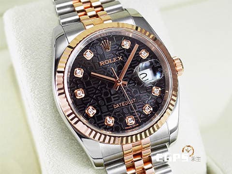 ROLEX 勞力士 Datejust 116231 經典 蠔式日誌型 玫瑰金 半金款 黑色紀念浮雕面盤 原廠鑲鑽時標 電腦面 亂碼字頭 自動上鍊 36mm