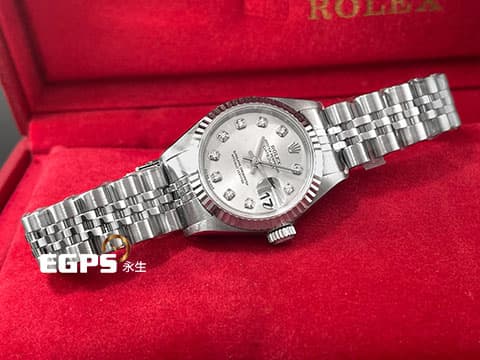 ROLEX 勞力士 Datejust 79174 銀灰色面盤 原廠鑽石時標 18K白金三角坑紋圈 904L不鏽鋼材質&nbsp;&nbsp;自動上鍊蠔式女錶 26mm