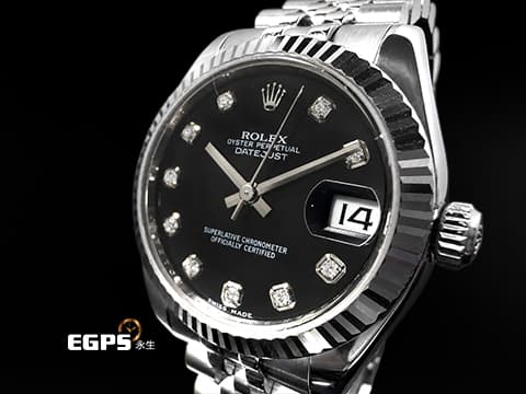 ROLEX 勞力士 DATEJUST LADY 178274 蠔式日誌型 黑色面盤 原廠鑽石時標 紀念型五珠錶帶 自動上鏈 31mm