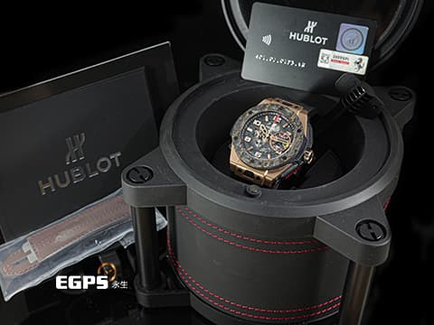 HUBLOT 宇舶 Big Bang Unico Ferrari 大爆炸 法拉利 Carbon King Gold 王金材質 複合材質鍛造碳錶圈 401.OJ.0123.VR 飛返 計時碼表 鏤空面盤、法拉利輪框設計自動盤、限量500只  計時碼表 自動上鍊 45mm
