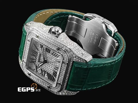 CARTIER 卡地亞 Santos 100 山度士 中型 精鑲滿天星鑽石面盤、鑲鑽錶圈&nbsp;綠色客製化皮革錶帶 自動上鍊 36mm