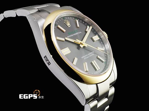 ROLEX 勞力士 Oyster Perpetual 41 蠔式恆動型 134303 OP41 不鏽鋼&amp;18K黃金材質 半金&nbsp;今年最新款 100週年紀念款 石板灰色太陽放射紋面盤 100週年字樣 勞力士綠色「ROLEX」字樣以及綠色方格時標&nbsp;2026年木紋保卡 保有原廠全膜&nbsp;自動上鍊 41mm