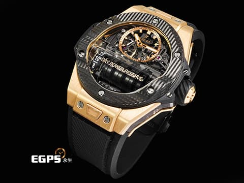 HUBLOT 宇舶 BIG BANG系列 MP-11 911.0Q.0118.RX 皇金3D碳纖維材質 鏤空面盤 14天動力儲存 動力儲存顯示卷軸 2026年電子保卡 全球限量100只 新錶訂價：2,988,000元&nbsp;自動上鍊 45mm