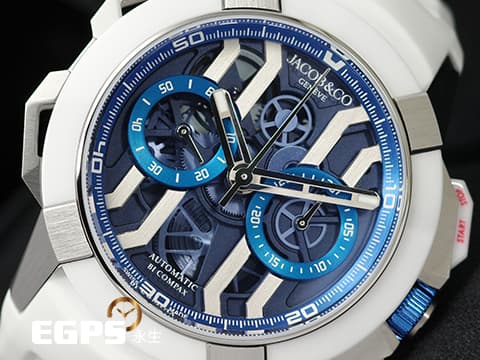Jacob &amp; Co 捷克豹 傑克寶 Epic X Chrono Titanium 藍色鏤空面盤 EC430.20.AB.AA.ABRUA 鈦金屬 白色陶瓷 計時碼錶&nbsp;2026年保單&nbsp;自動上鍊 44mm