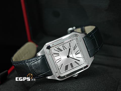 CARTIER 卡地亞 Santos-Dumont 山度士 杜蒙特 WSSA0032 經典 超大型款&nbsp;鑲嵌藍色寶石錶冠 藍鋼指針&nbsp;不鏽鋼材質&nbsp;2022年保單  手上鍊 46.6x33.9mm