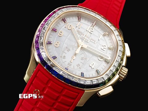 Patek Philippe 百達翡麗 PP錶  Aquanaut  7968/300R-001 海底探險家 海探 手雷 18K玫瑰金材質 白色珍珠貝母面盤&nbsp;共計52顆長階梯形切割多彩藍寶石（2.62克拉）及50顆長階梯形切割鑽石（2.41克拉）&nbsp;2026年保單 保有部分原廠膠膜&nbsp;自動上鏈   42.2mm