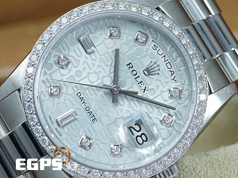 ROLEX 勞力士 Day-Date 蠔式 星期日曆型 18346&nbsp;原廠鑽圈、鑽石時標 冰藍色浮雕紀念面&nbsp;PT950 鉑金材質 經典 DD36 元首型（President）錶帶 總統帶&nbsp;勞力士服務中心保養完成 保固至2028年 附原廠保養卡&nbsp;自動上鏈 36mm