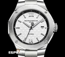 BAUME &amp; MERCIER 名士 Riviera M0A10829 <font color="#05f0f0">Super-LumiNova 夜光塗層</font>&nbsp;<font color="#0582f5">純白色波浪紋錶盤&nbsp;</font>&nbsp;<font color="#FF0000">2025年保卡 快拆功能系統</font>&nbsp;自動上鏈 42mm